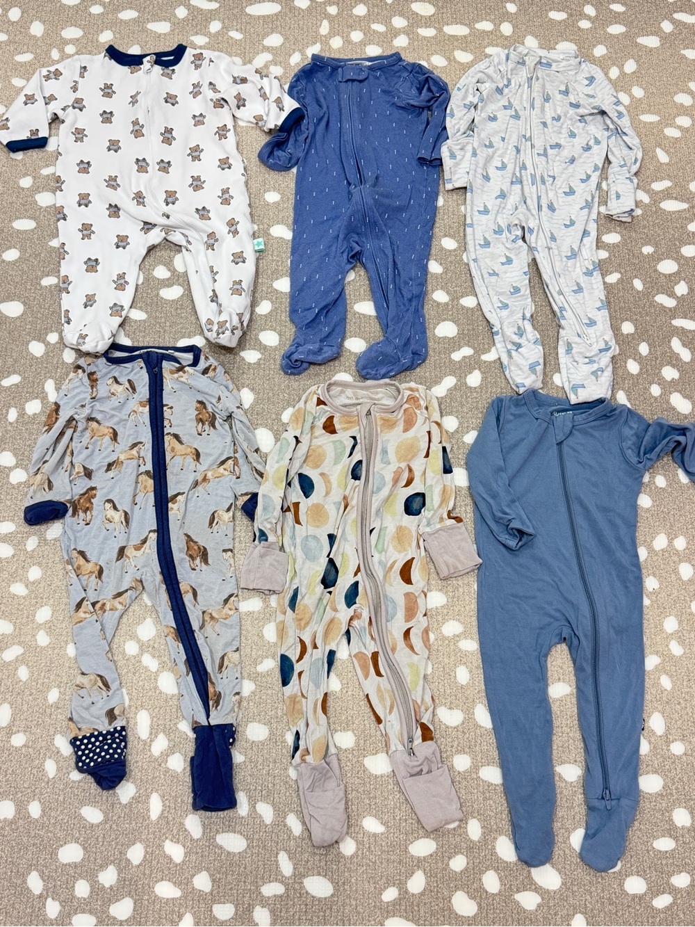 Lot of 6 Bamboo footies zippy baby boy teddy bear horses moons slate sleeper